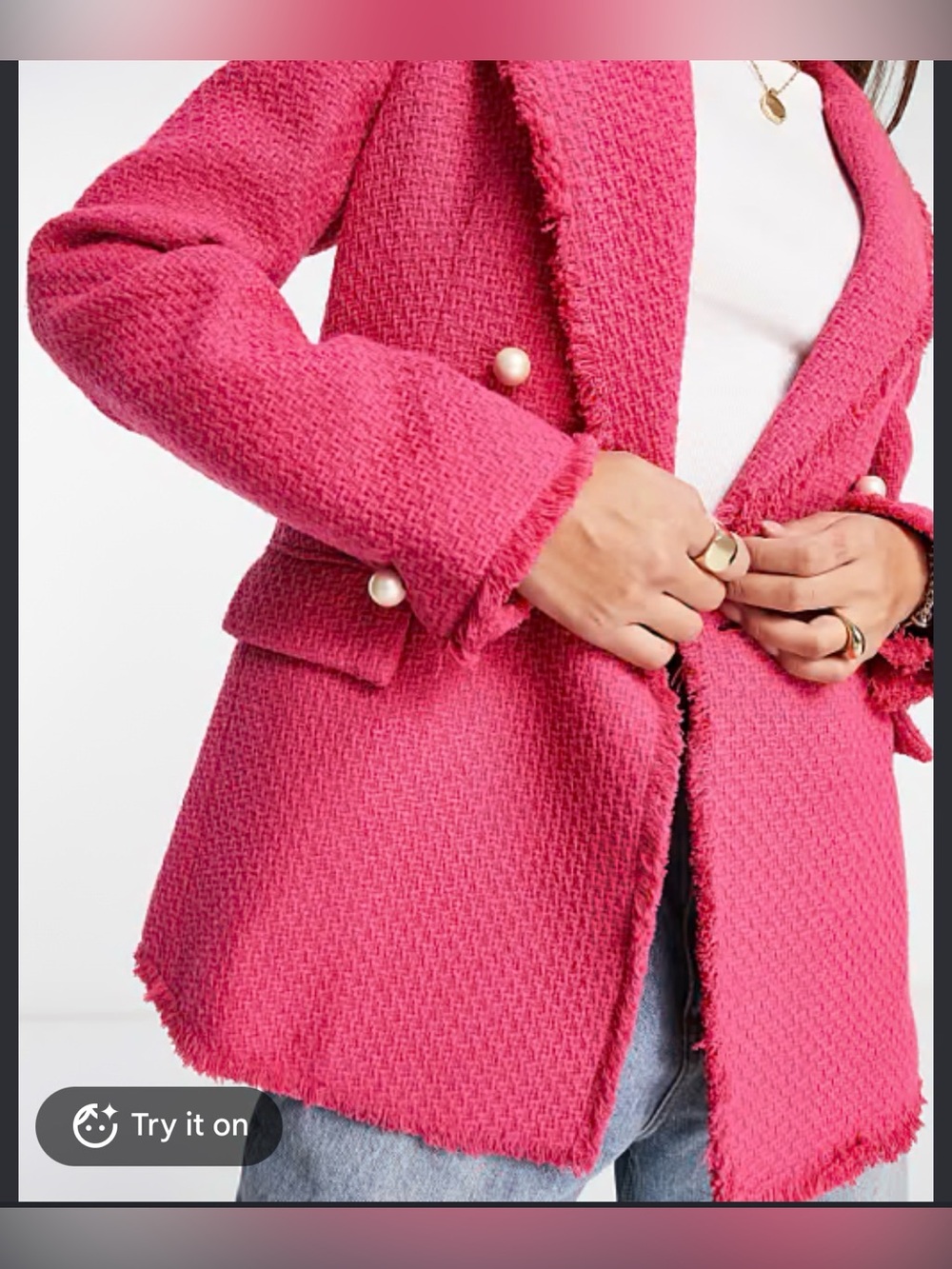 Mango Fitted Tweed Jacket Frayed Trim Pink Size Medium